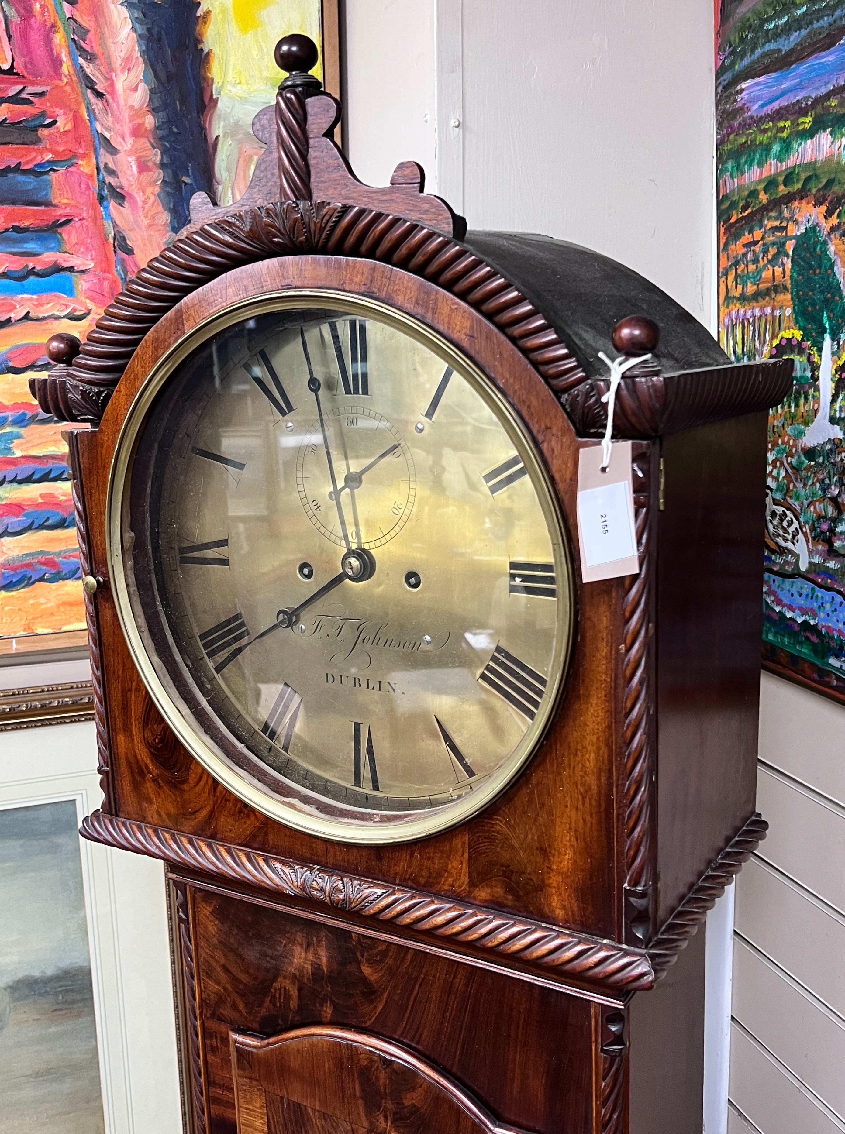 A George IV / William IV Irish mahogany longcase clock, the circular brass dial marked Johnson of Dublin, height 204cm